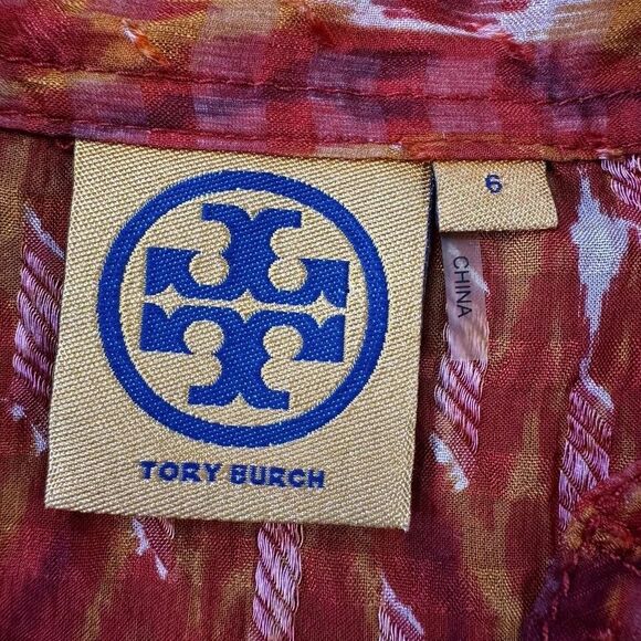 Tory Burch Sequin Silk Blend Tunic Blouse Red Pink Ikat Print Size 6 Sheer Top - Picture 7 of 13